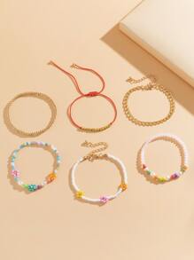 6pcs Flower Decor Beaded Bracelet - Multicolor - View 4
