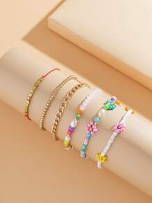 6pcs Flower Decor Beaded Bracelet - Multicolor - View 3
