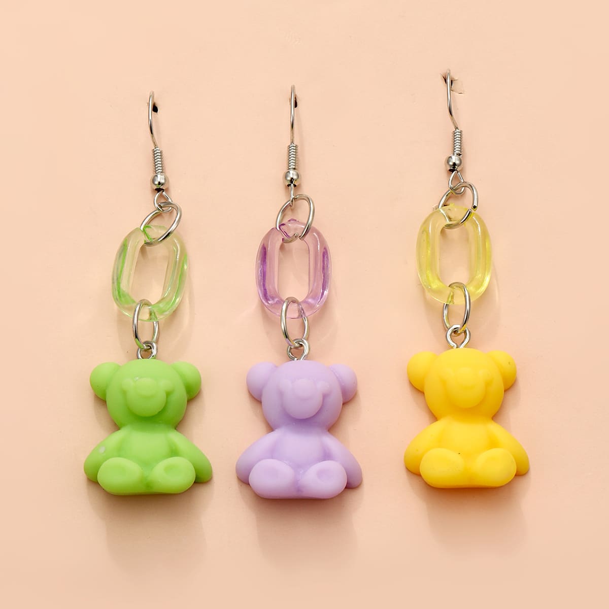 

3pairs Bear Drop Earrings, Multicolor