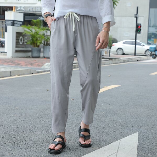 

Men Solid Drawstring Waist Pants, Light grey