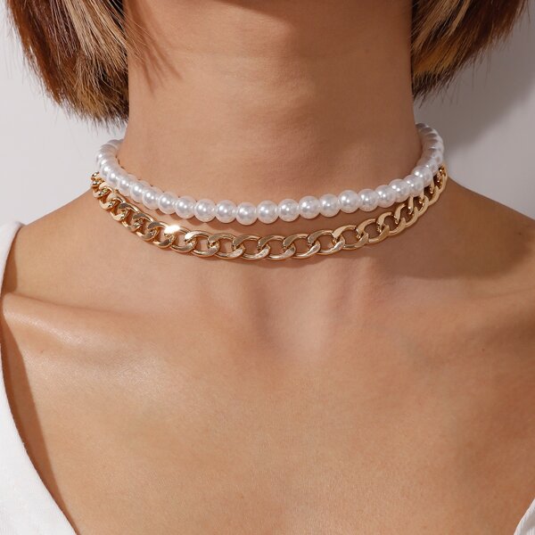 

Faux Pearl Decor Layered Necklace, Gold