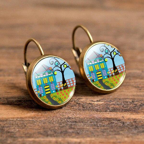 

House Print Round Design Earrings, Multicolor
