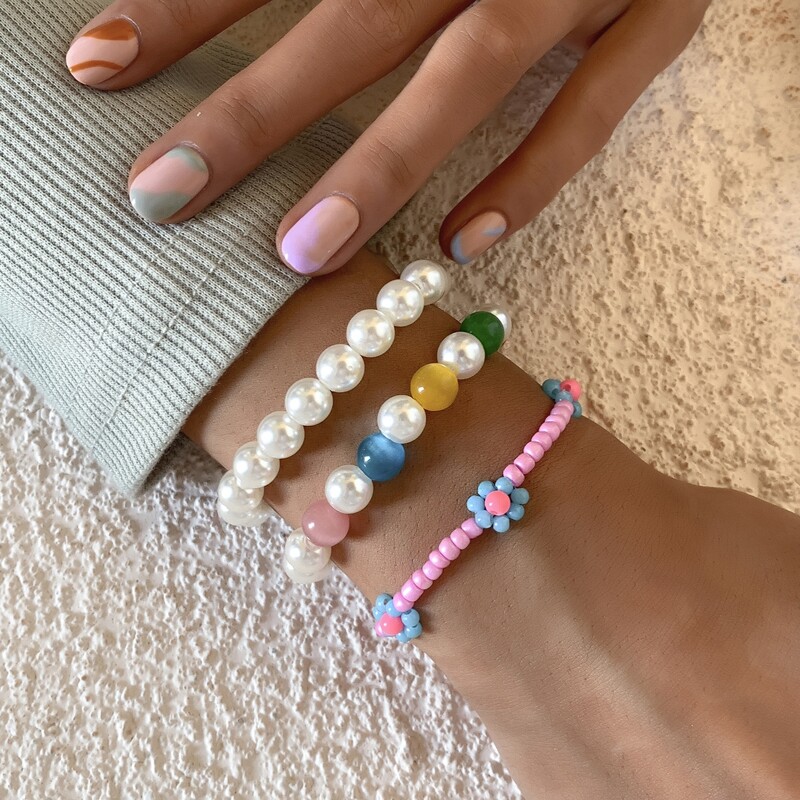 

3pcs Faux Pearl Decor Bracelet, Multicolor
