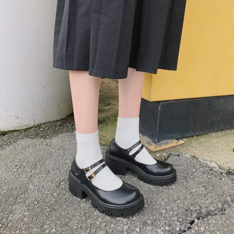 

Double Buckle Decor Wedge Mary Janes, Black