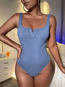 SHEIN SXY Áo liền quần ôm nữ Gân đan màu trơn Giải trí - Màu xanh lam - Xem 1