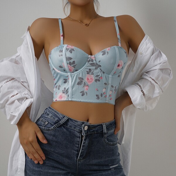 

Floral Print Underwire Bra, Baby blue