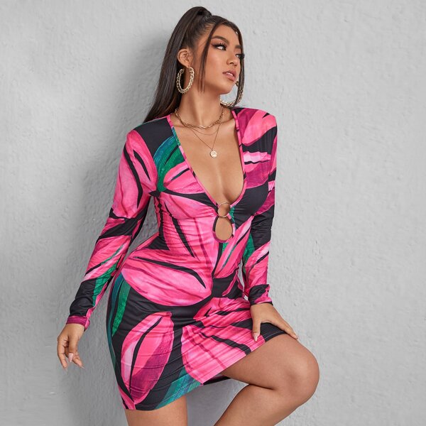 

Plus Ring Linked Plant Print Bodycon Dress, Multicolor