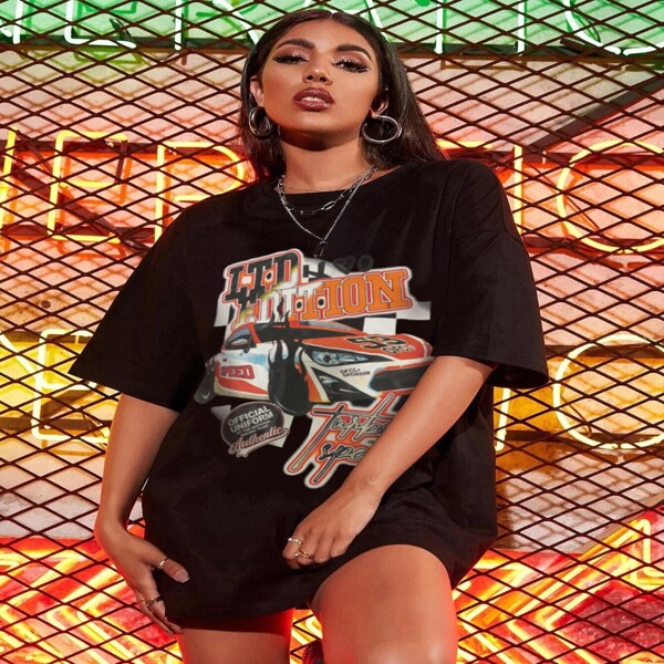 

Car And Letter Graphic Drop Shoulder Oversized Tee, Black