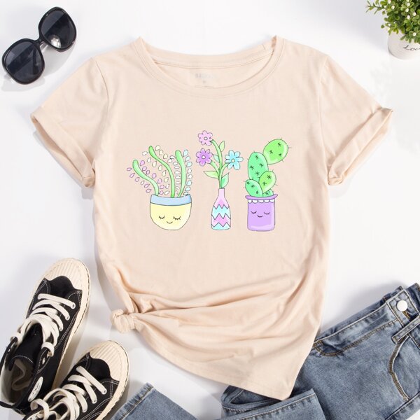 

Cartoon Plants Graphic Tee, Apricot