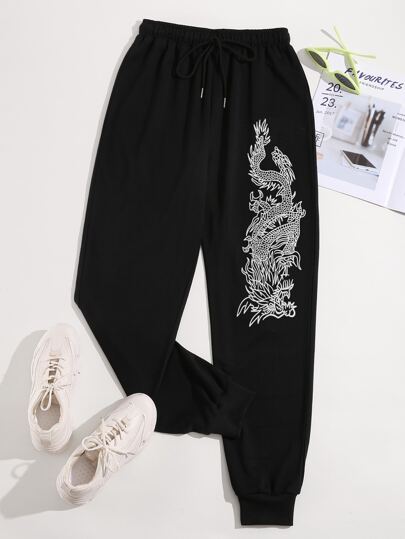 Chinese Dragon Graphic Drawstring Waist Sweatpants