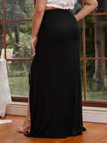 SHEIN VCAY Plus Solid Split Thigh Skirt - Black - View 2