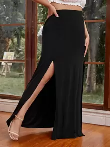 SHEIN VCAY Plus Solid Split Thigh Skirt - Black - View 3