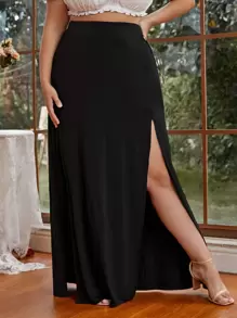 SHEIN VCAY Plus Solid Split Thigh Skirt - Black - View 4