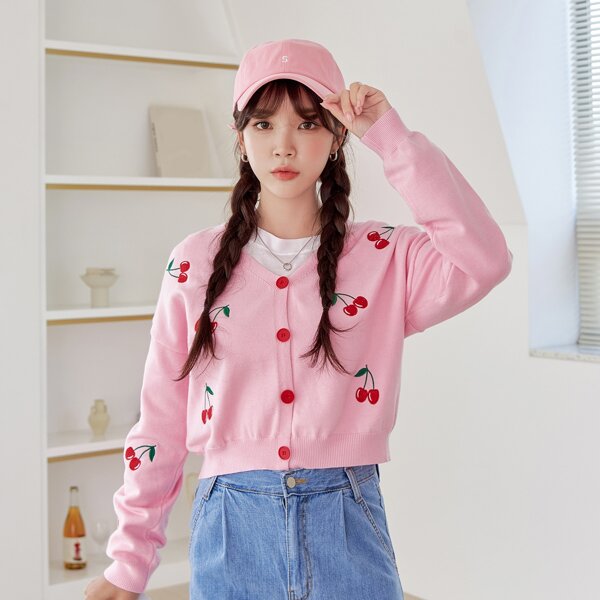 

Drop Shoulder Cherry Embroidery Cardigan, Baby pink