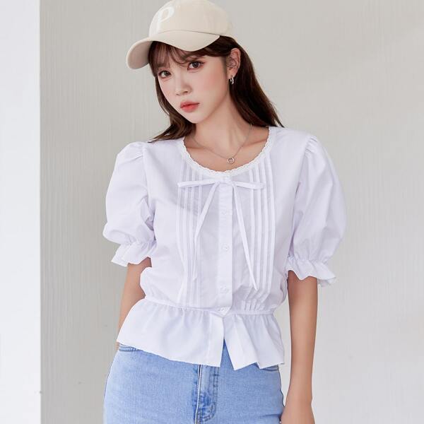 

Contrast Lace Knot Front Blouse, White