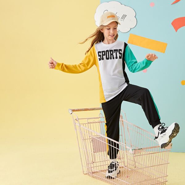 

Girls Letter Graphic Colorblock Top & Sweatpants, Multicolor