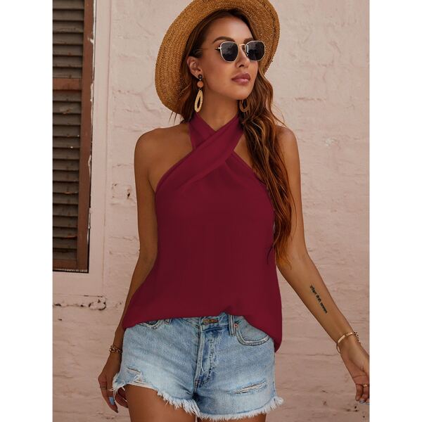 

Solid Crisscross Halter Top, Red