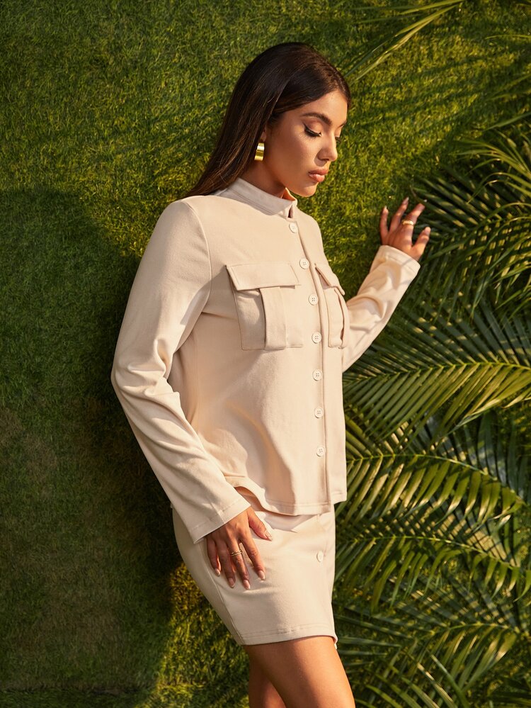 Flap Pocket Blouse & Asymmetrical Hem Skirt