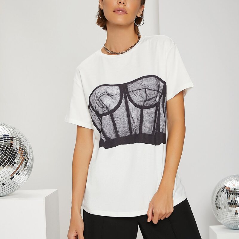 

Tube Print Drop Shoulder Tee, White