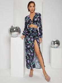 SHEIN O形環細節上衣和高開叉裙子套裝 - 彩色 - 查看 1