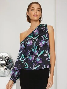 SHEIN Clasi 印花不對稱單肩燈籠袖襯衫 - 彩色 - 查看 1