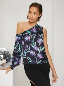 SHEIN Clasi 印花不對稱單肩燈籠袖襯衫 - 彩色 - 查看 5