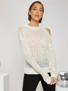 SHEIN 鏤空針織鏤空套頭毛衣 - 白色 - 查看 2