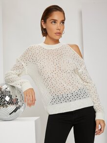 SHEIN 鏤空針織鏤空套頭毛衣 - 白色 - 查看 1