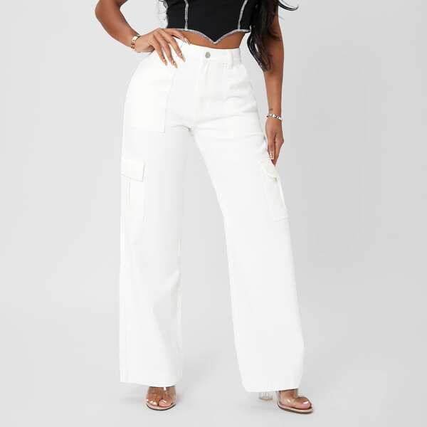 

High Waisted Flap Pocket Cargo Jeans, White