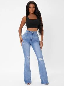 SHEIN SXY Jeans de talle alto desgarro de pierna amplia