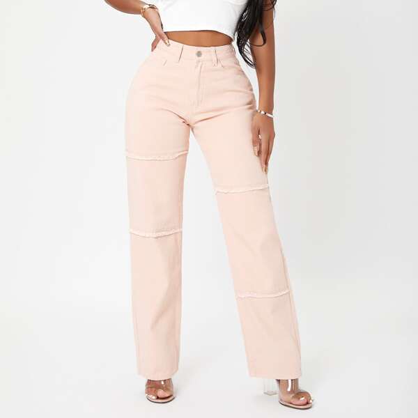 

High Waist Raw Trim Straight Leg Jeans, Baby pink