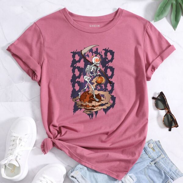 

Skull & Halloween Print Round Neck Tee, Dusty pink