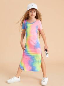 SHEIN 女孩紮染高衩T恤連衣裙 - 彩色 - 查看 1