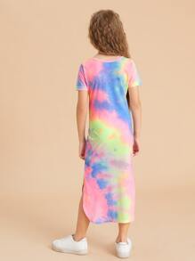SHEIN 女孩紮染高衩T恤連衣裙 - 彩色 - 查看 2