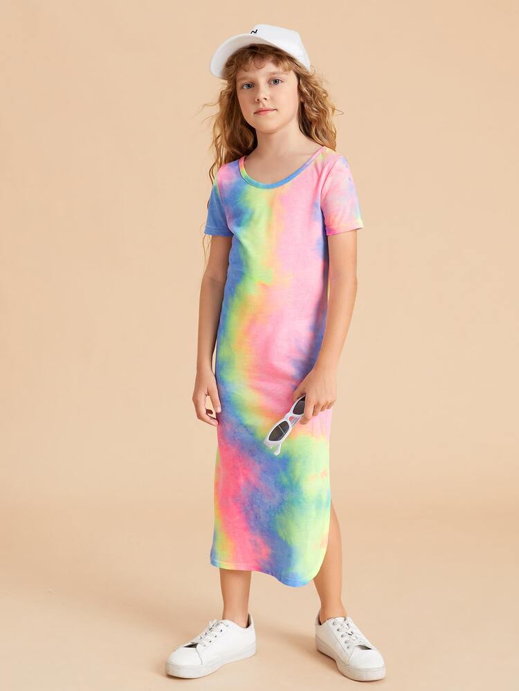 SHEIN 女孩紮染高衩T恤連衣裙 - 彩色 - 查看 5