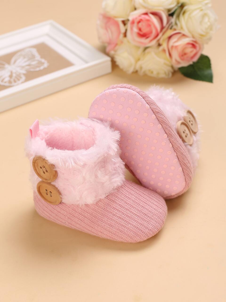 Baby Buttons Decor Fluffy Boots