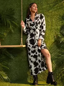 Vestido con estampado de vaca con botón delantero girante - Blanco y Negro - Ver 1