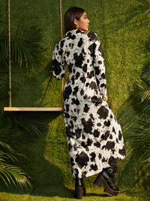 Vestido con estampado de vaca con botón delantero girante - Blanco y Negro - Ver 2