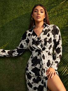 Vestido con estampado de vaca con botón delantero girante - Blanco y Negro - Ver 4