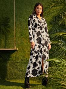 Vestido con estampado de vaca con botón delantero girante - Blanco y Negro - Ver 5