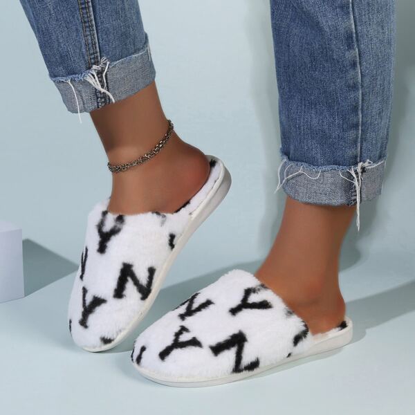 

Letter Graphic Fluffy Bedroom Slippers, Black and white