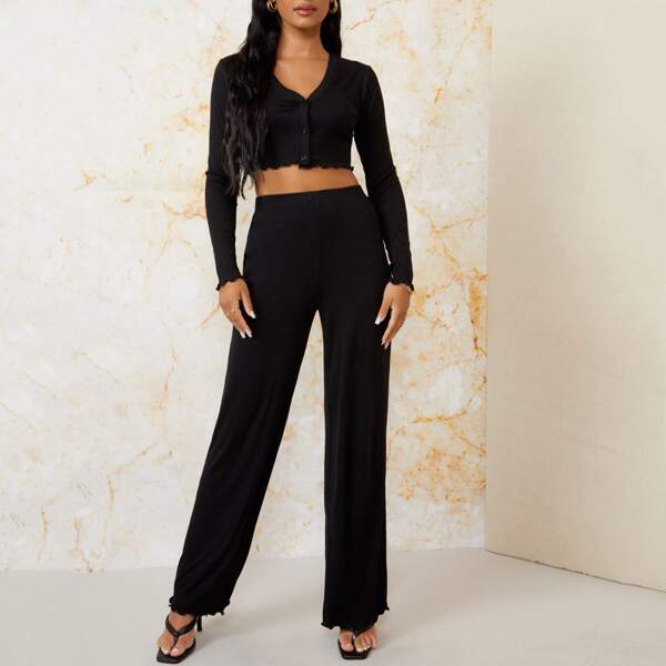 

Lettuce Trim Crop Top & High Waist Pants, Black