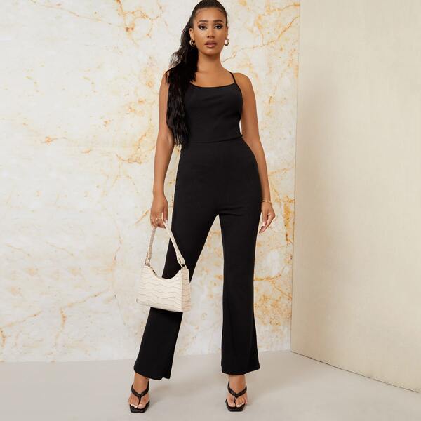 

Backless Knot Flare Leg Cami Jumpsuit, Black