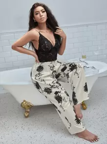 Plus Lace Cami Top With Floral Trousers Pyjama Set - Black and White - View 1