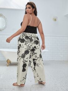 Plus Lace Cami Top With Floral Trousers Pyjama Set - Black and White - View 2