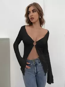 SHEIN Essnce Solid Ring Detail Lettuce Trim Split Hem Top - Black - View 1