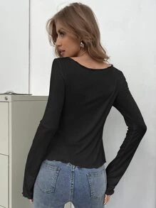 SHEIN Essnce Solid Ring Detail Lettuce Trim Split Hem Top - Black - View 2