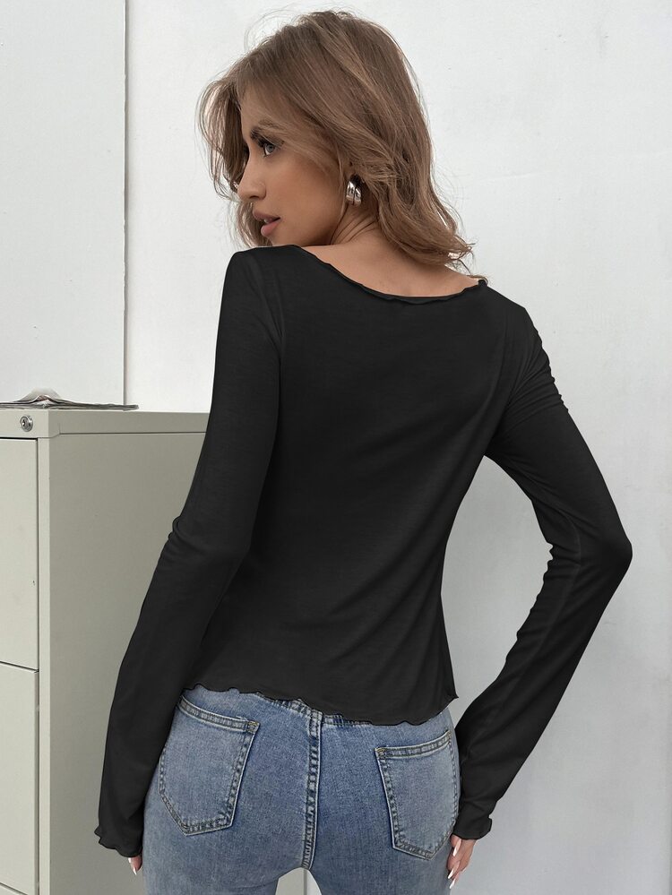 SHEIN Essnce 素色圓環細節木耳邊下擺開叉上衣 - 黑色 - 查看 2