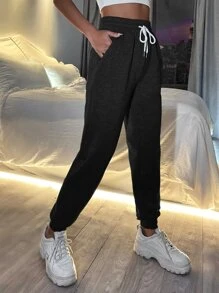 SHEIN PETITE Slant Pocket Drawstring Joggers - Black - View 1