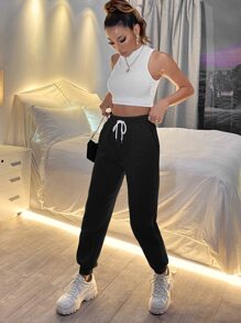 SHEIN PETITE Slant Pocket Drawstring Joggers - Black - View 3